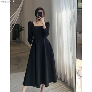 黑色連衣裙女秋季新款長袖法式復古赫本風方領長裙