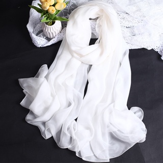 杭州絲綢100%桑蠶絲巾2022春秋冬季百搭絲巾真絲圍巾女披肩純白色