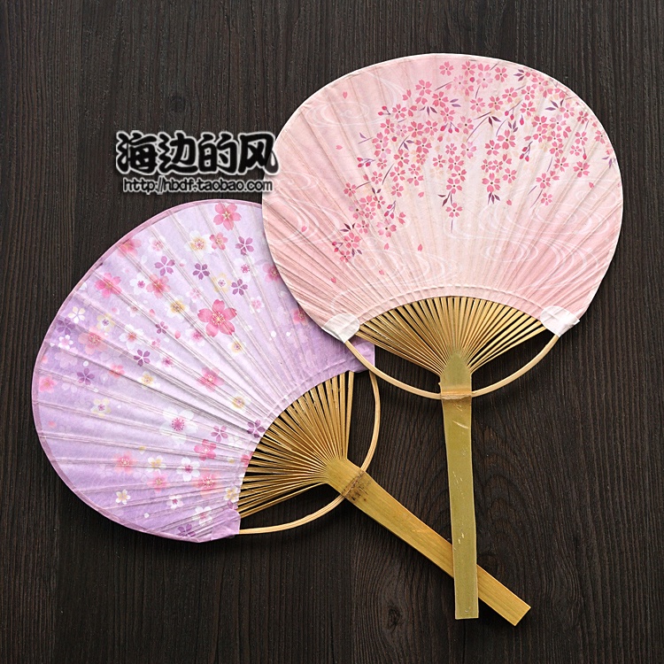 日本小團扇和風日式扇子蒲扇粉底紫底櫻花浴衣配飾人像攝影道具