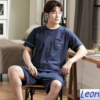 【Leon】大尺碼睡衣男 M-5XL夏季100%純棉男士睡衣短袖條紋加大碼夏天薄款家居服套裝