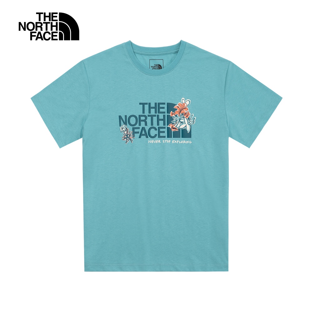 The North Face北面女款藍色吸濕排汗花卉LOGO短袖T恤｜7WFHLV2