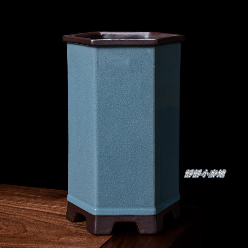 ✅花盆 陶瓷花器哥窯紫砂花盆高檔建蘭盆景特大號透氣六方花盆陶瓷蘭花盆懸樁老樁