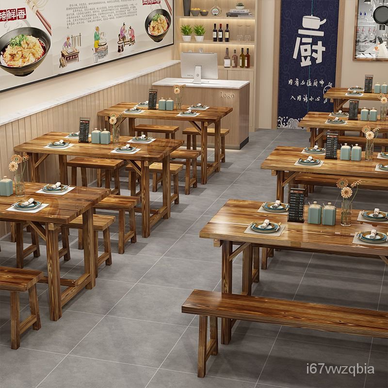 麵館飯店小喫店桌椅快餐桌凳組閤實木餐館食堂燒烤碳化桌火鍋桌