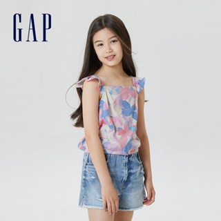 Gap 女童裝 輕薄方領花邊袖無袖上衣-彩色印花(622658)