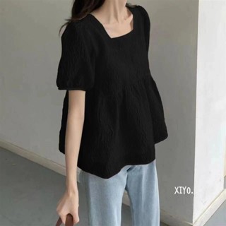 👚大尺碼上衣👚夏季新品23方領泡泡袖襯衫女夏遮肉寬松短袖上衣法式肌理感娃娃衫