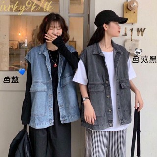 皮皮 牛仔外套女2022港味韓版寬松學生春秋新款bf風工裝坎肩牛仔馬甲女