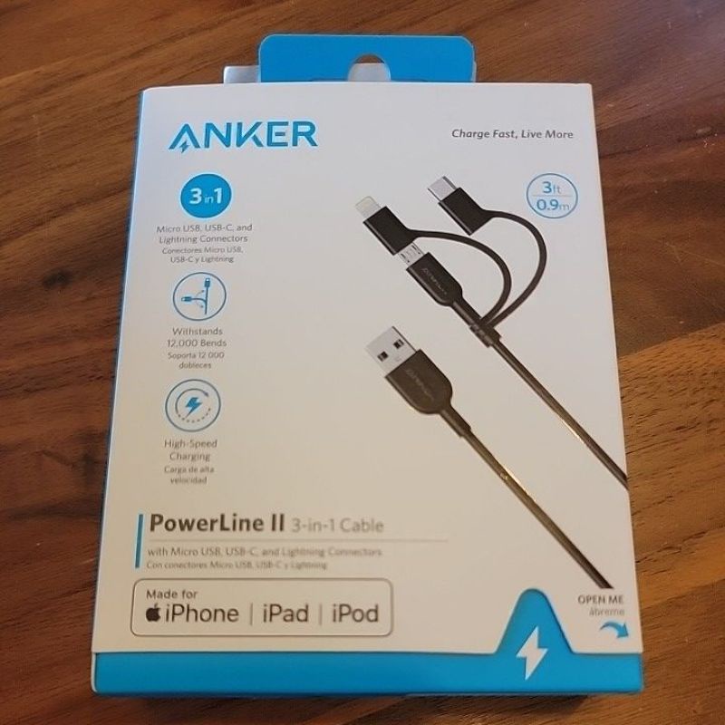 [全新現貨, 特價優惠] ANKER 3-in-1 A8436 三合一充電傳輸線 90cm 黑色