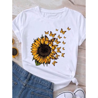 【23ʕ ʔ熱賣】Sunflowers T shirt 夏季女裝個性向日葵蝴蝶印花短袖T恤女士上衣