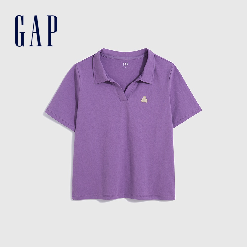 Gap 女裝 小熊刺繡短袖POLO衫 厚磅密織水洗棉系列-紫色(714683)