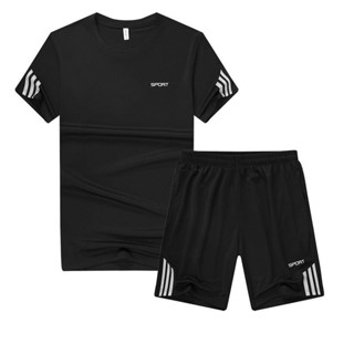 【精品男裝】2023新款夏季男士套裝夏天薄運動休閒圓領短褲兩件套T恤套裝男 AGKW
