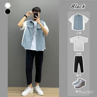【精品男裝】青少年短袖工裝襯衫套裝男潮牌2020夏季新款港風百搭拚色開衫襯衣 V9UP