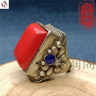 玉石戒指 指環 古玩古董清代紅寶石雙福方戒面老銀鑲嵌開口銀戒指足銀扳指銀手飾