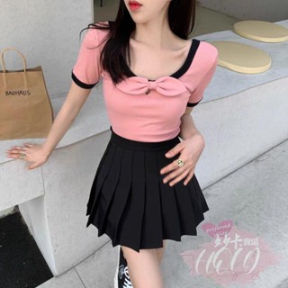 ✨熱銷✨臺灣👗夏季2023設計感小眾甜美蝴蝶結短袖T恤純欲顯瘦辣妹修身上衣套裝