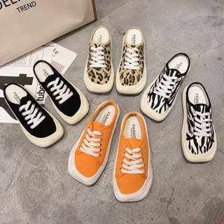 現貨 新品熱賣 女生韓版百搭一腳蹬半拖鞋 夏季豹紋方頭帆布鞋2021年新款鞋子女百搭小白鞋ins包頭半拖女鞋