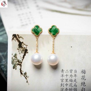 耳環 天然A貨翡翠四葉草耳環s925純銀包金鑲嵌長款珍珠耳釘耳墜兩戴