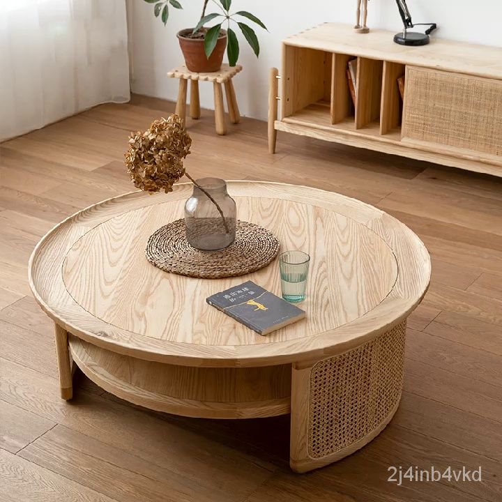 【熊貓傢具】日式實木圓茶幾現代簡約藤編茶桌傢用客廳白蠟木圓桌藝術設計矮桌