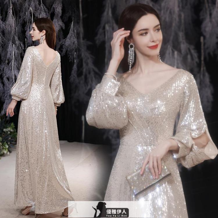 天使的嫁衣 璀璨銀色輕奢生日派對晚宴年會泡泡袖婚紗禮服17867洋裝