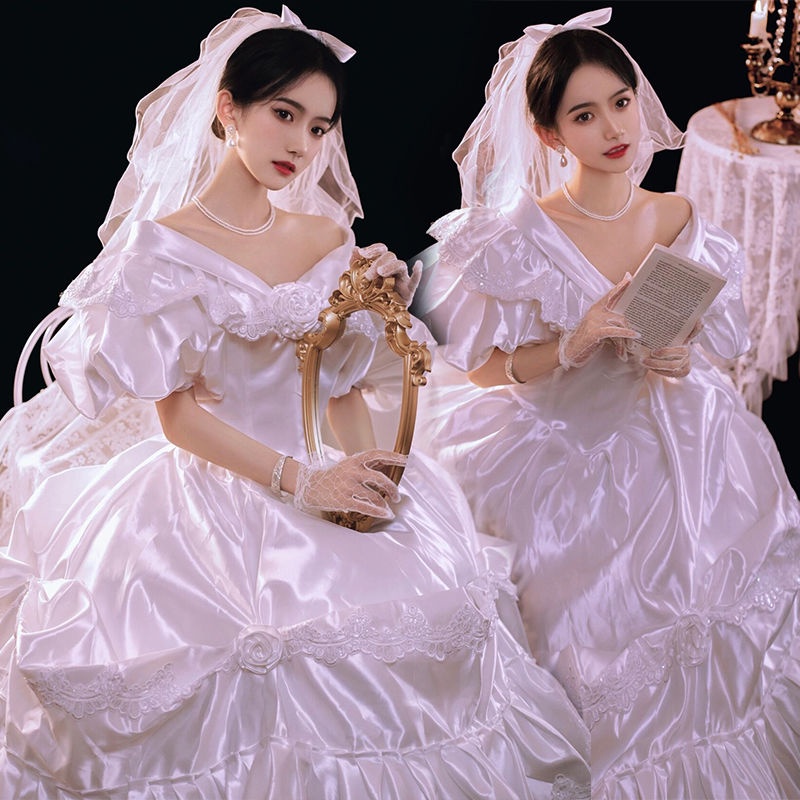 新款港風婚紗禮服復古風法式拍照宮廷風白色少女法式公主寫真服裝