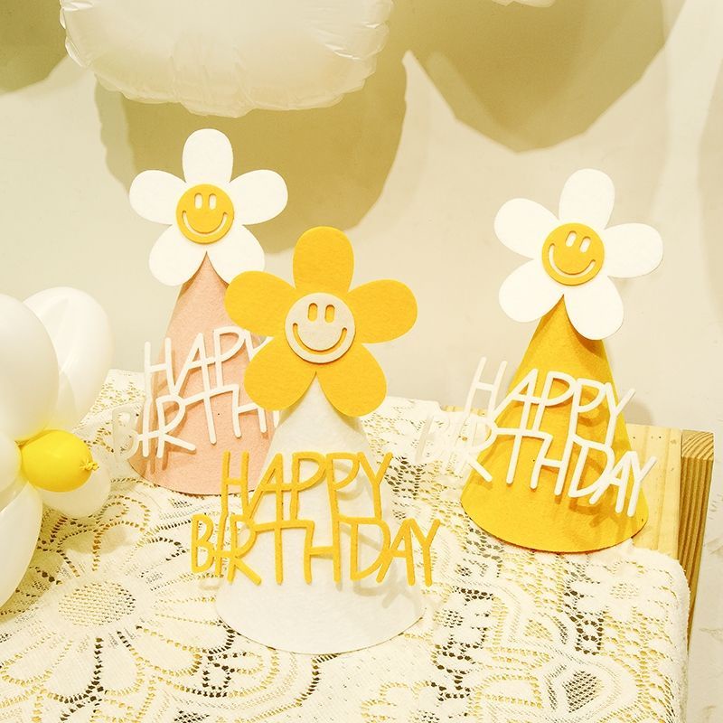 HK01.ins風小雛菊造型裝飾笑臉太陽花寶寶兒童生日派對帽子場景布置品