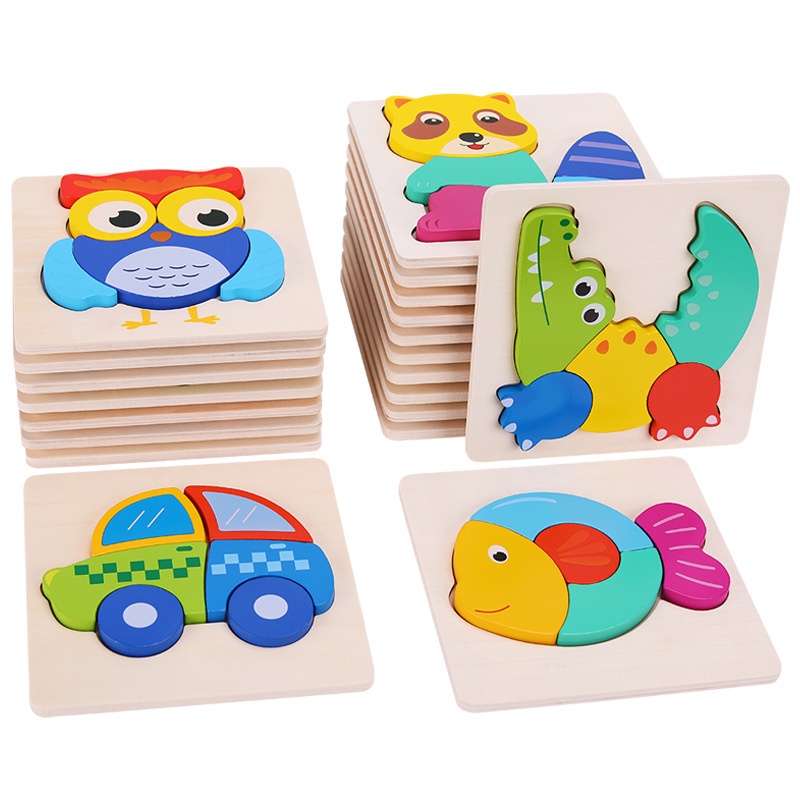 新款木制卡通動物立體拼圖海洋恐龍拼板積木玩具兒童益智教具