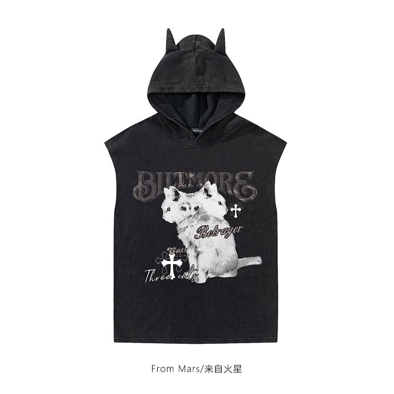 【桃園出貨】【爆款熱賣】兇狠的貓 闇黑係小貓印花水洗寬鬆噁魔連帽無袖T恤背心夏季Tank男