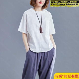 衣🎈棉麻女裝短袖款夏季文藝大碼寬松顯瘦純色休閑百搭亞麻襯衫上衣女-支援批發