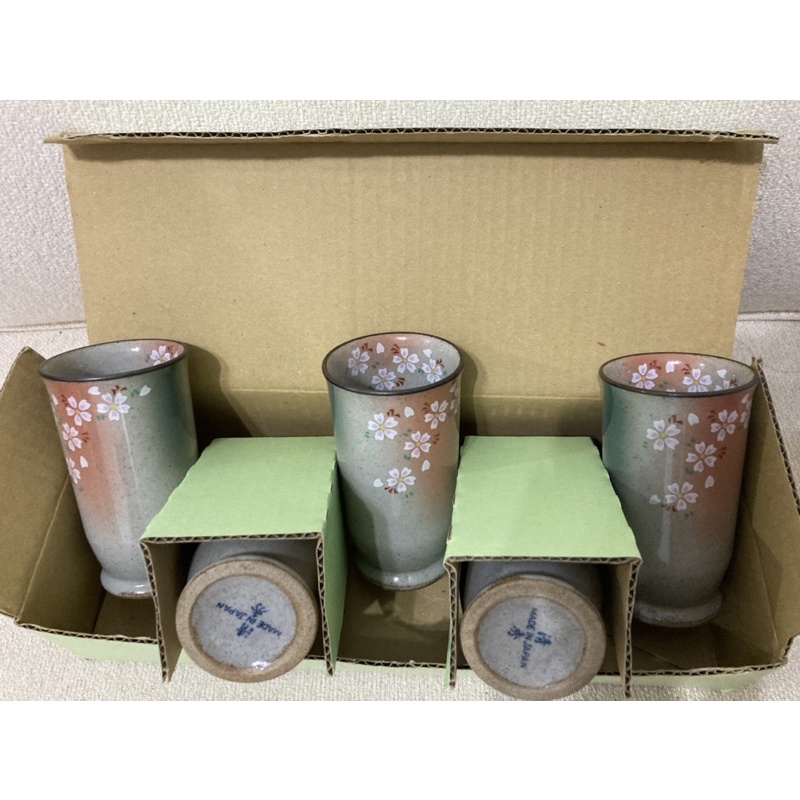 【全新無損】有田燒 清秀 日本製櫻花紋陶瓷杯組（共五入）日本九州清酒杯、茶杯、杯子