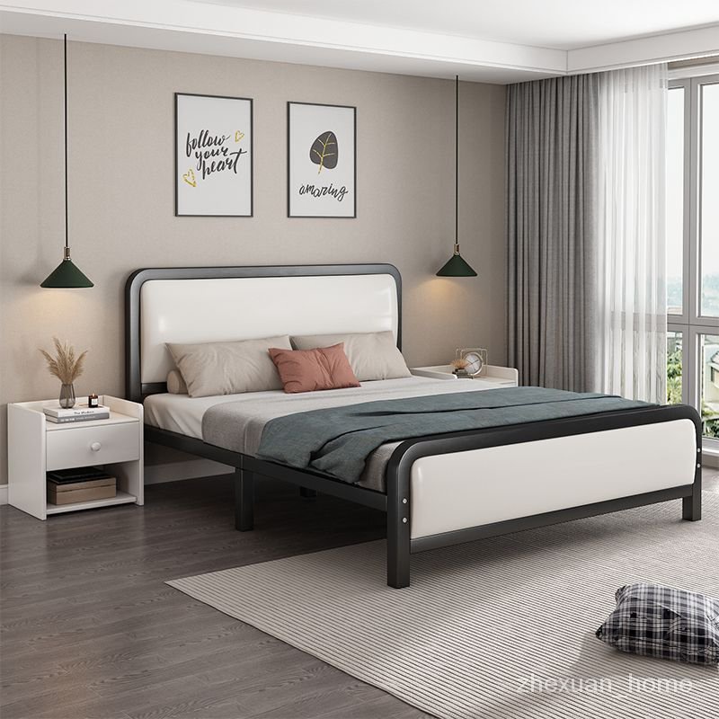 北歐鐵藝床傢用簡約雙人床出租房鐵架床學生床加粗加厚鐵藝床