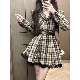 法式甜美綁帶連衣裙女2022秋冬新款收腰顯瘦格紋蕾絲花邊短裙秋季兩件套 上衣半身裙 大尺碼 小香風洋裝兩件套
