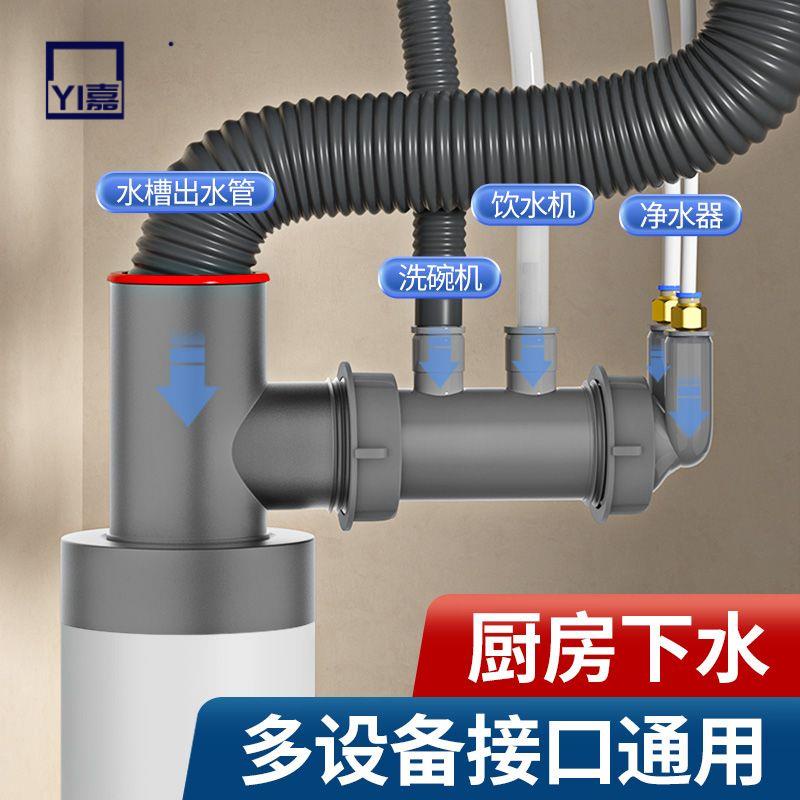 廚房下水管接頭 多設備接口通用排水道分水器 廚房下水管三通下水道水槽洗碗機排水管分水淨水器多功能