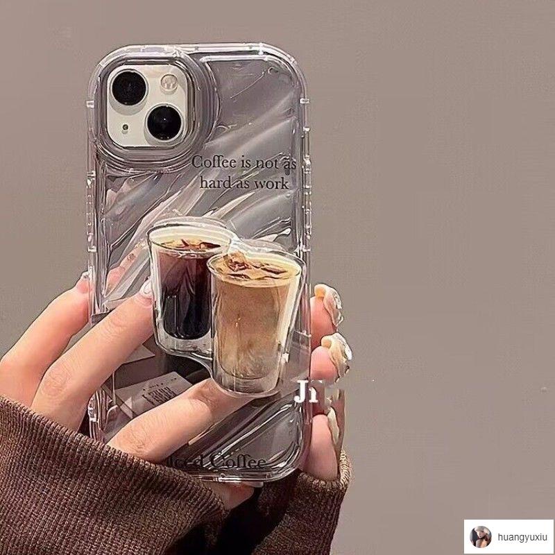 Lisa💖ins手機殼 水波紋咖啡支架iPhone13/14手機殼蘋果11/12promax軟xs/xr透明7女