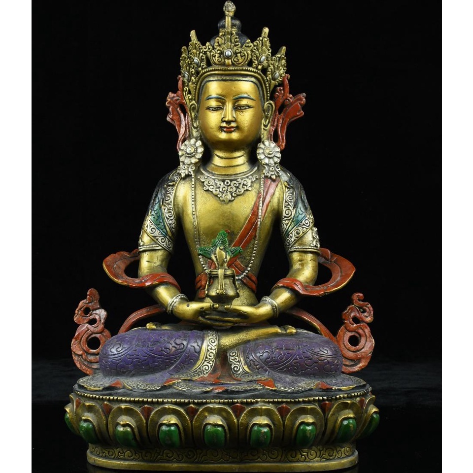 純銅 擺件 佛像 純銅手繪鎏金無量壽佛，尼泊爾藏傳老銅佛彩繪長壽佛佛像居家佛堂用品擺件。33*23*15重量4.46