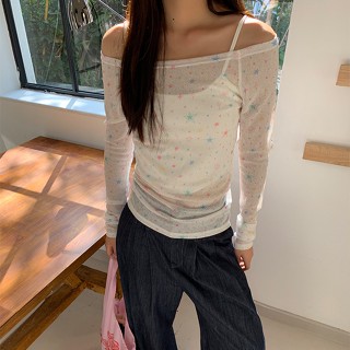 網紗 疊穿 打底衫💕 夏季新款ins透視設計感長袖防曬T恤滿印一字領露肩辣妹上衣女 女生上衣 內搭