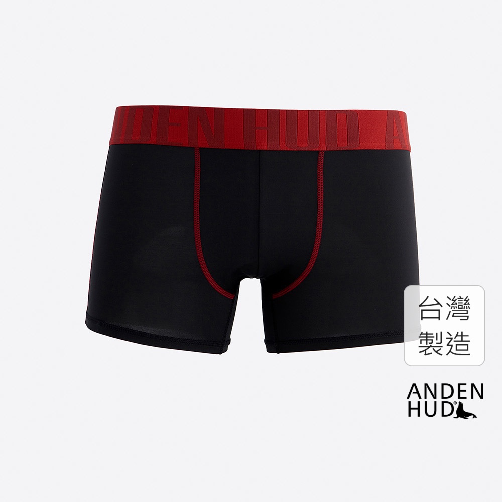 【Anden Hud】男款_吸濕排汗機能系列．短版腰帶平口內褲(黑-暗紅寬緊帶) 台灣製