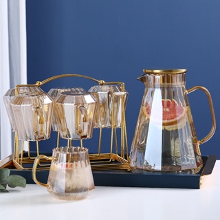 【精選】家用玻璃香檳條紋冷水壺套裝 涼水杯玻璃水壺耐熱高溫果汁壺