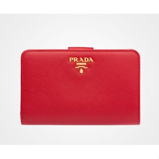 二手PRADA Saffiano 紅色金字 防刮牛皮皮夾 釦式中夾 1ML225 拉鏈零錢包 有現貨