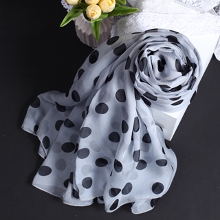 韓國100%桑蠶絲巾數碼精致印花圍巾春秋夏長披肩優雅氣質灰色波點