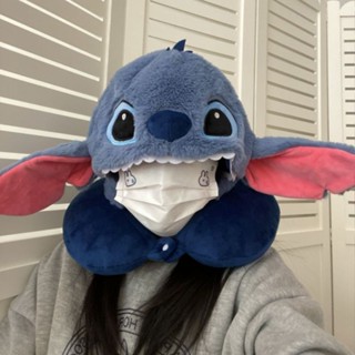 U型枕 頭枕 頸枕💕 情侶禮物可愛卡通藍色史迪仔u型枕連帽子記憶棉護頸便攜旅行坐車 旅行枕 枕頭 護頸枕