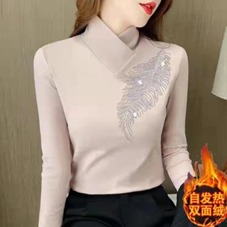 發熱衣 內搭衣 保暖衣 大尺碼發熱衣 刷毛保暖衣 德絨秋冬亮片洋氣打底衫顯瘦遮肚大碼長袖t恤女加厚保暖小衫