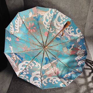 免運 雨傘 太陽傘 晴雨傘 復古 鏡花緣中國風漢服復古風國潮竹桿長柄傘全自動雙層黑膠遮陽傘