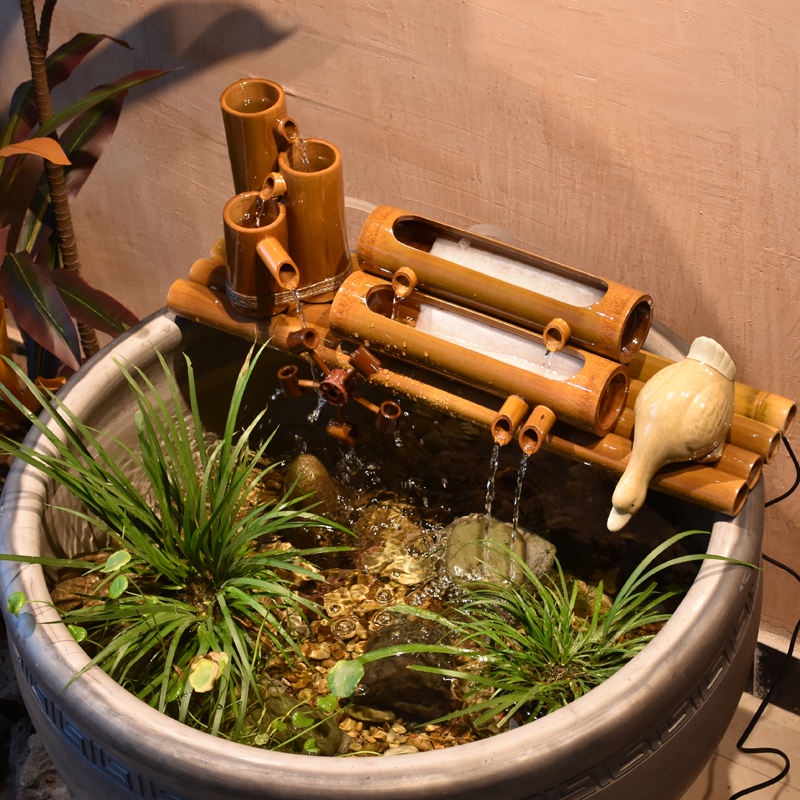 陶瓷魚缸竹子流水過濾器循環擺件石槽圓缸增氧噴泉風水輪水車造景