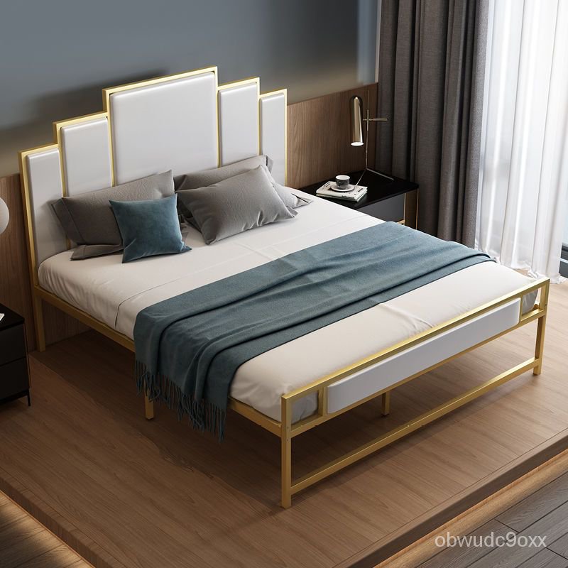 北歐輕奢簡約鐵藝床 金色軟包金屬床 主臥大床 1.2米1.5米 鐵藝床 床架實用