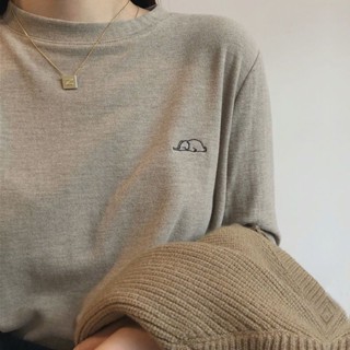 韓版雙面德絨寬鬆長袖上衣 保暖 刺繡小象 長袖t恤 打底衣 秋冬上衣 長袖 圓領 上衣 素t 秋天衣服 內搭上衣 t恤女