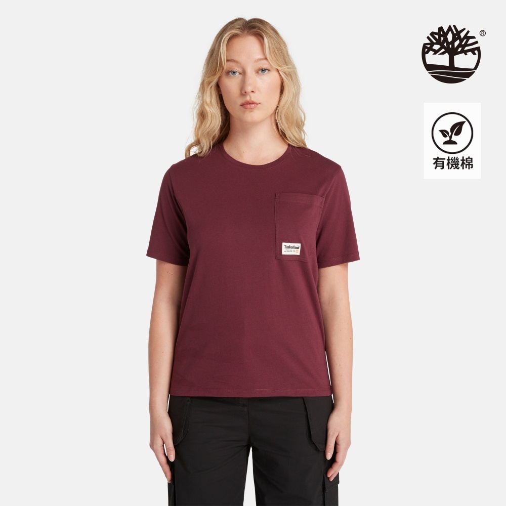 Timberland 女款暗紅色純棉簡約口袋短袖T恤|A6HNWI30