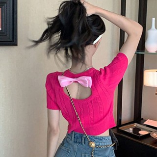 芭比穿搭 芭比上衣 芭比衣服 芭比聯名 短款上衣設計感小眾玫紅粉色針織短袖T恤女夏純慾甜辣妹性感露背 3TSL