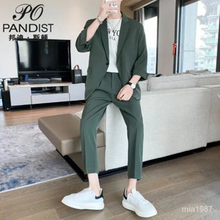 【精品男裝】PANDIST高階感西裝一套男春秋季薄款七分袖外套休閒寬鬆西服套裝 DJWP