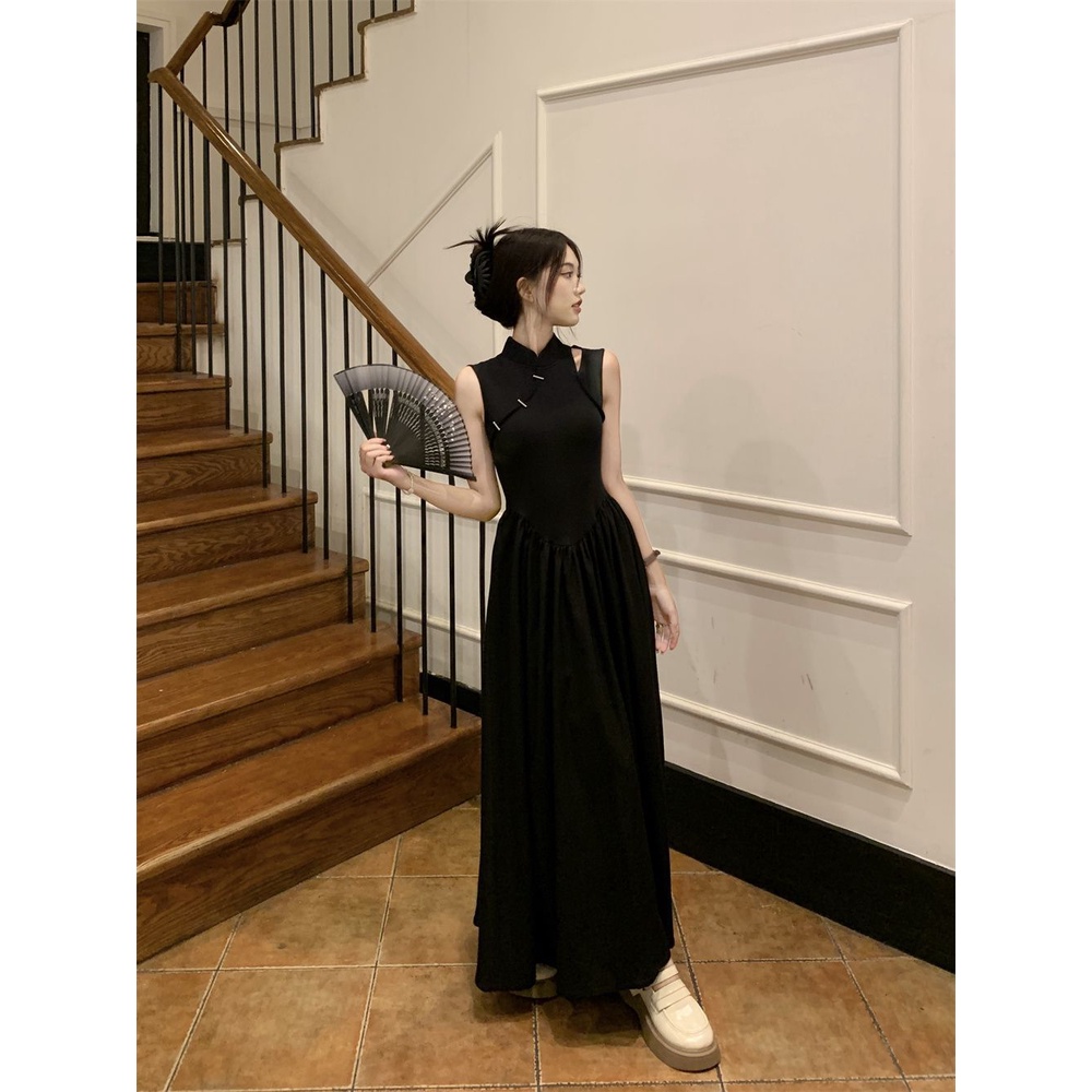 Anna's 氣質中式高級無袖小香風黑色拼接中長裙小眾高腰緊身通勤洋裝