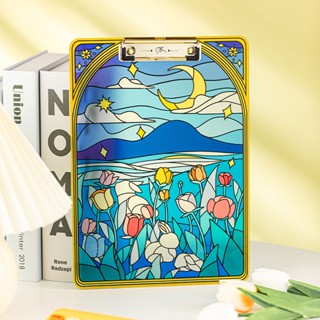 彩繪透明亞克力學生夾板夾高顏值文具A4活頁辦公檔案夾墊板寫字板moo
