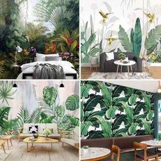熱帶雨林植物壁布東南亞餐廳壁畫咖啡廳酒店包廂墻布仿真森系墻紙櫻桃小丸子精品店