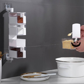 🔥低价🔥創意廚房用品粘貼式壁掛調味盒帶勺子裝調料的盒子旋轉式調味品盒393